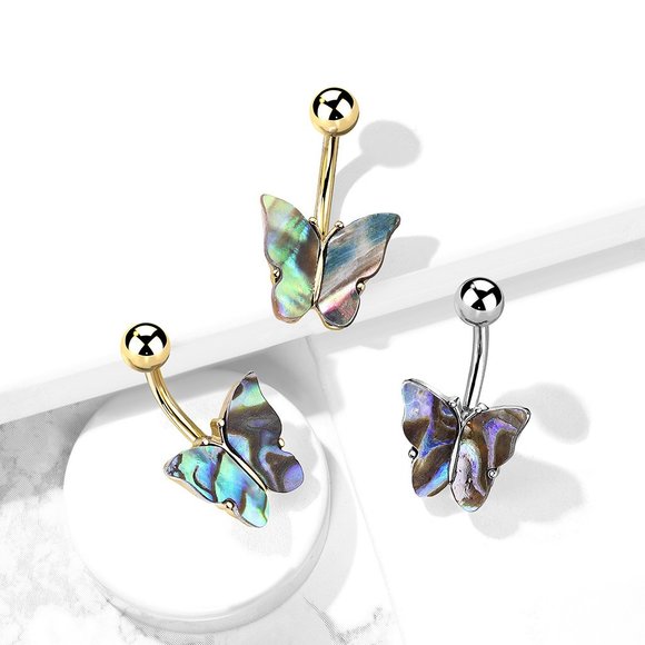 NEW! Abalone Shell Covered Butterfly Steel Belly Rings - Picture 1 of 6